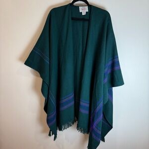 Vintage Avoca Collection Ireland Pure Wool Plaid Green Blue Purple Fringe Shawl